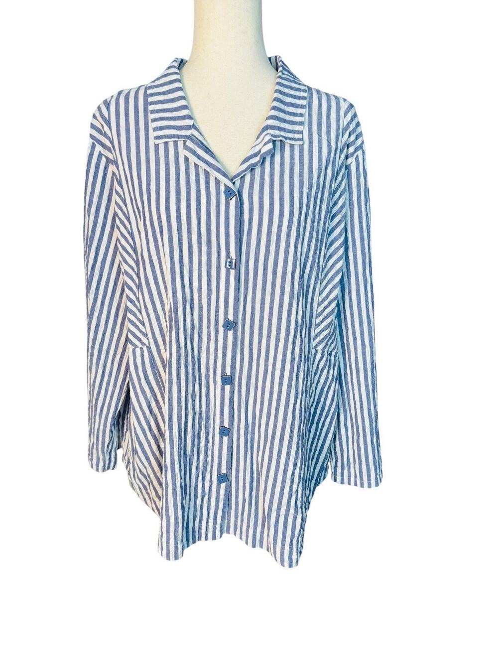 Habitat XXL Top Blue White Striped Button Up Hi-Low Oversize Roll Tab Sleeve